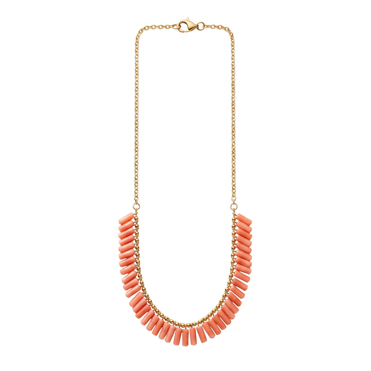 Trebor Style peach coral bead necklace with gold filled chain and clasp, 19 inch length