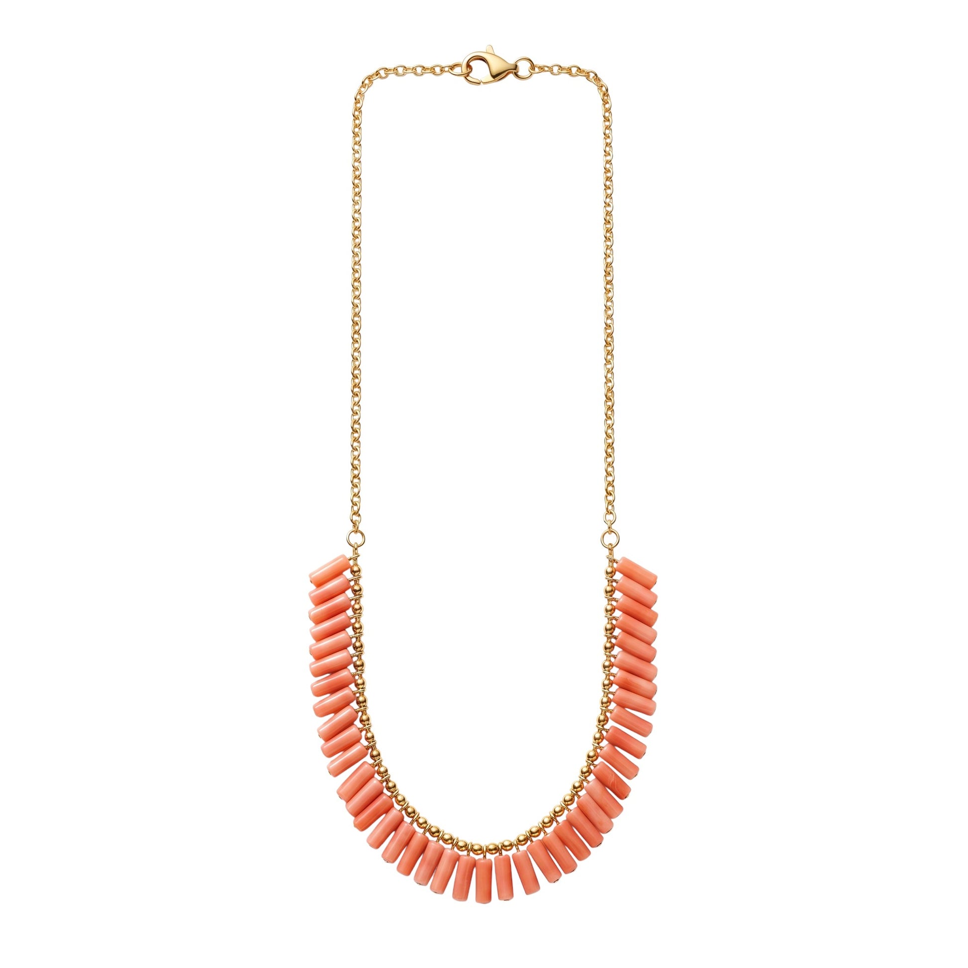 Trebor Style peach coral bead necklace with gold filled chain and clasp, 19 inch length