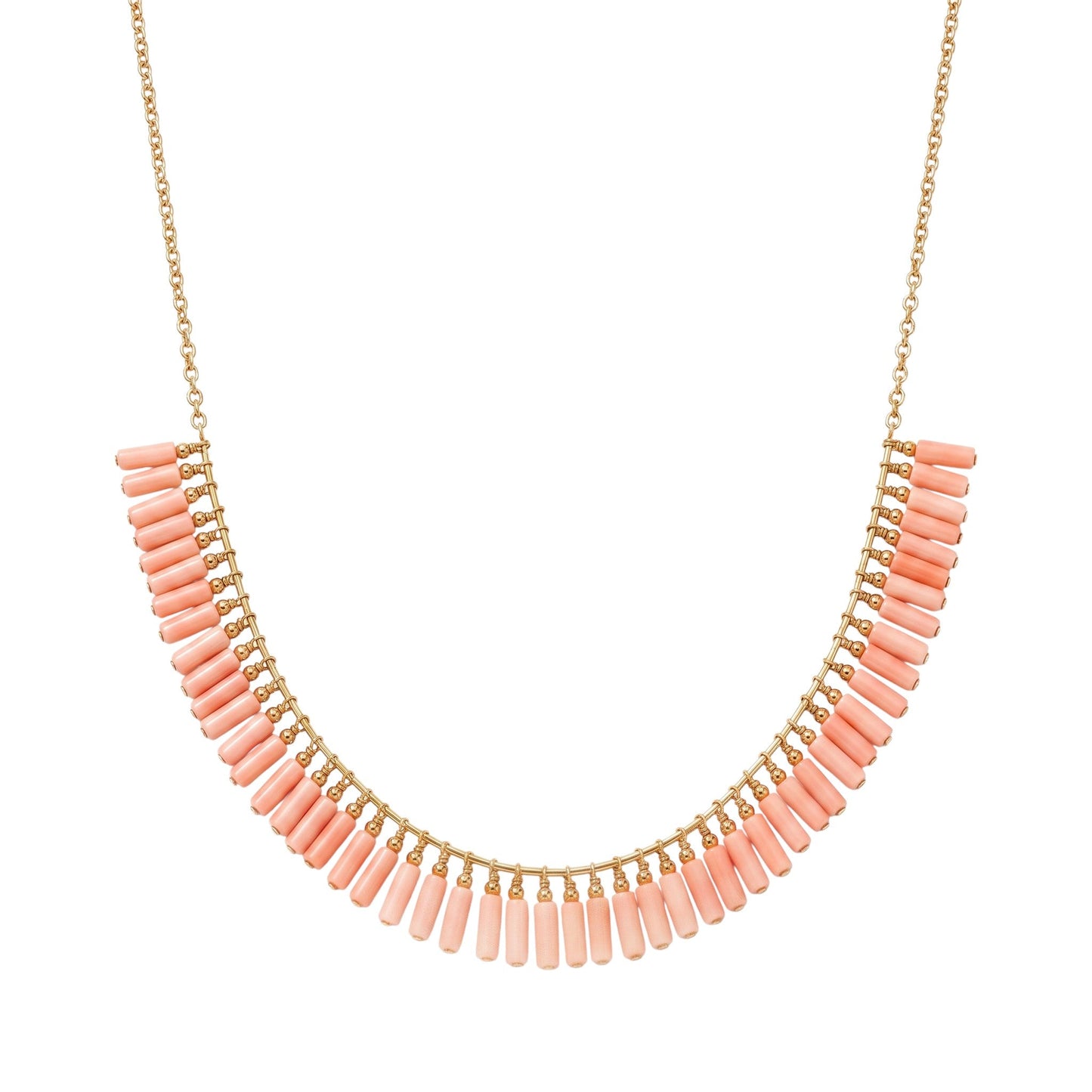 Trebor Style peach coral bead necklace with gold filled chain and fringe design