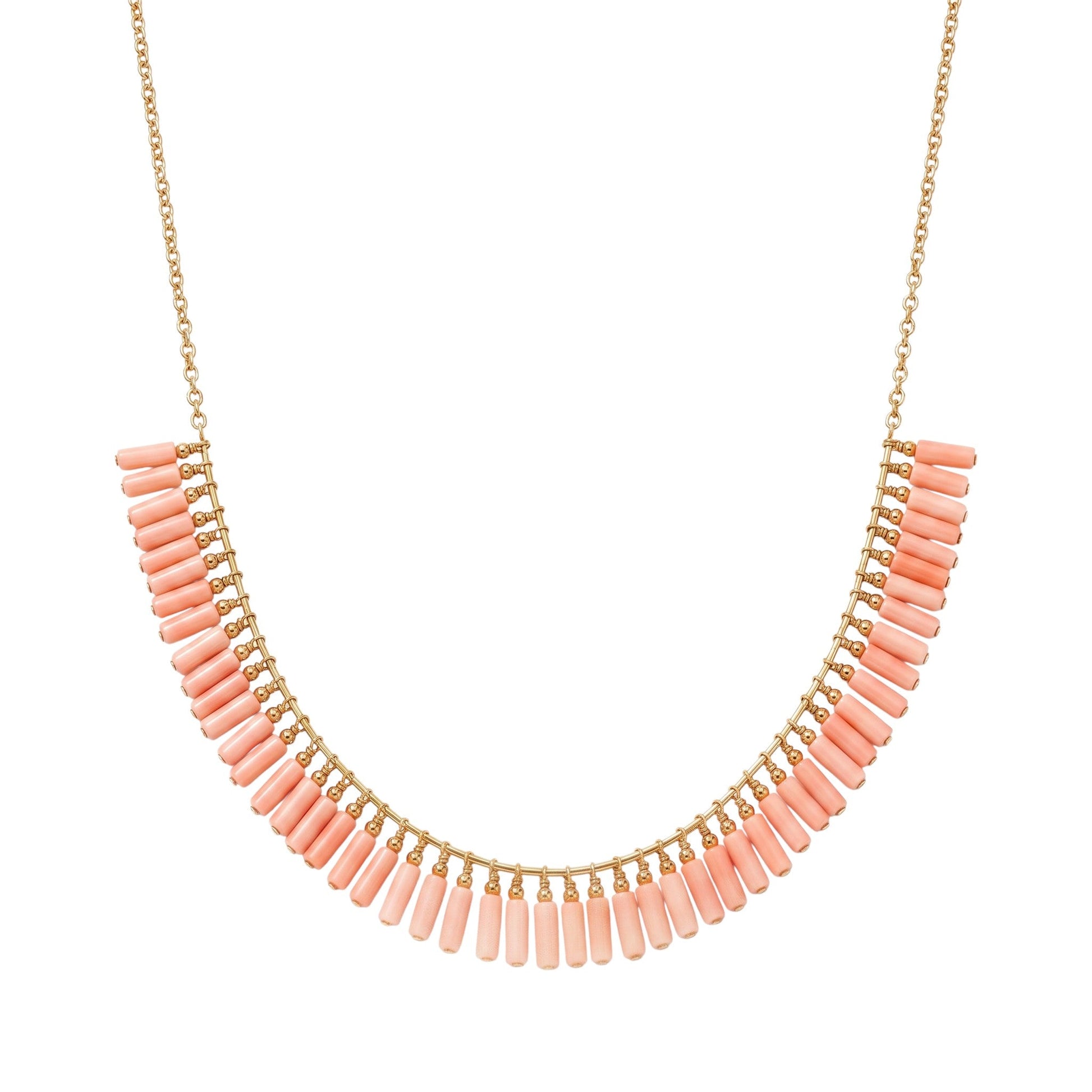 Trebor Style peach coral bead necklace with gold filled chain and fringe design