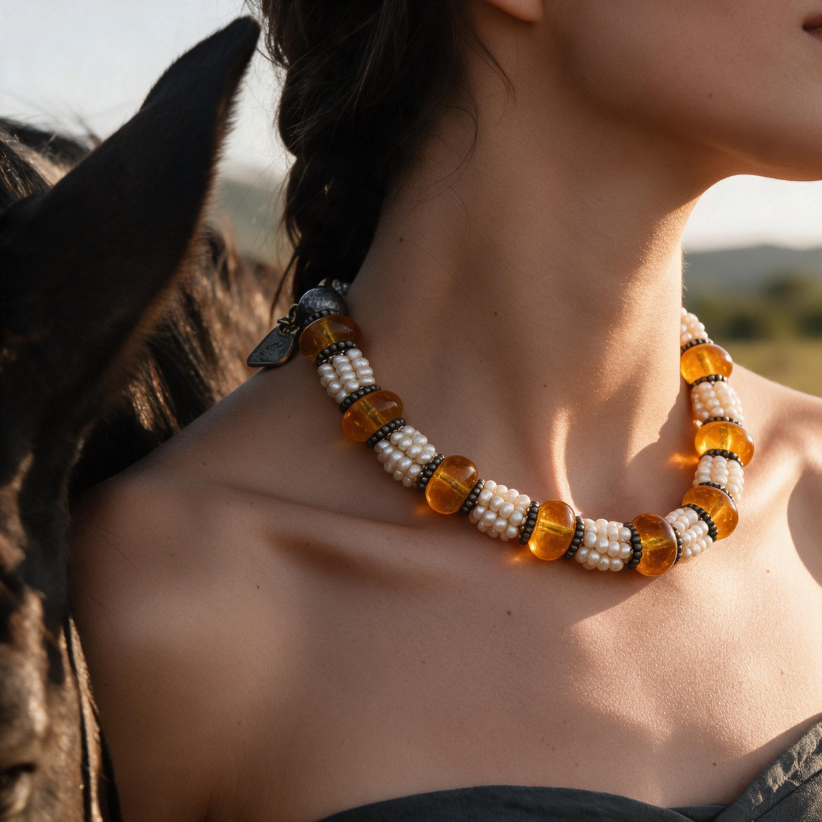 Trebor Style Masha Archer necklace featuring eight strands of freshwater pearls, Baltic amber, and silver rondelles.