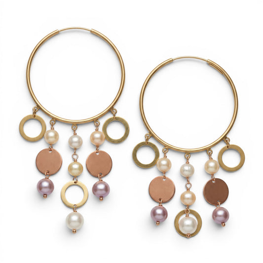 Trebor Style 18k rose gold chandelier hoop earrings featuring dangling white and pink pearls and gold circular charms.