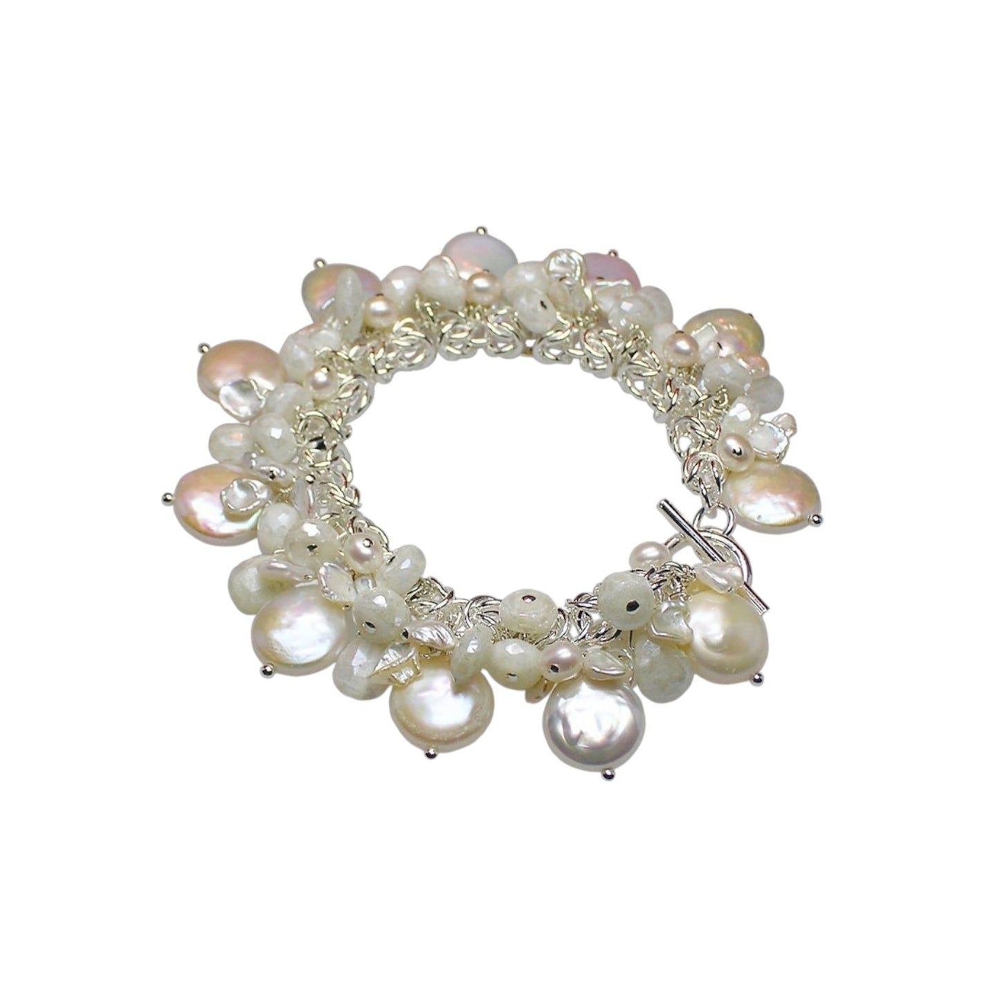 Trebor Style sterling silver charm bracelet featuring white coin pearls, keshi pearls, and sparkling white sapphires.