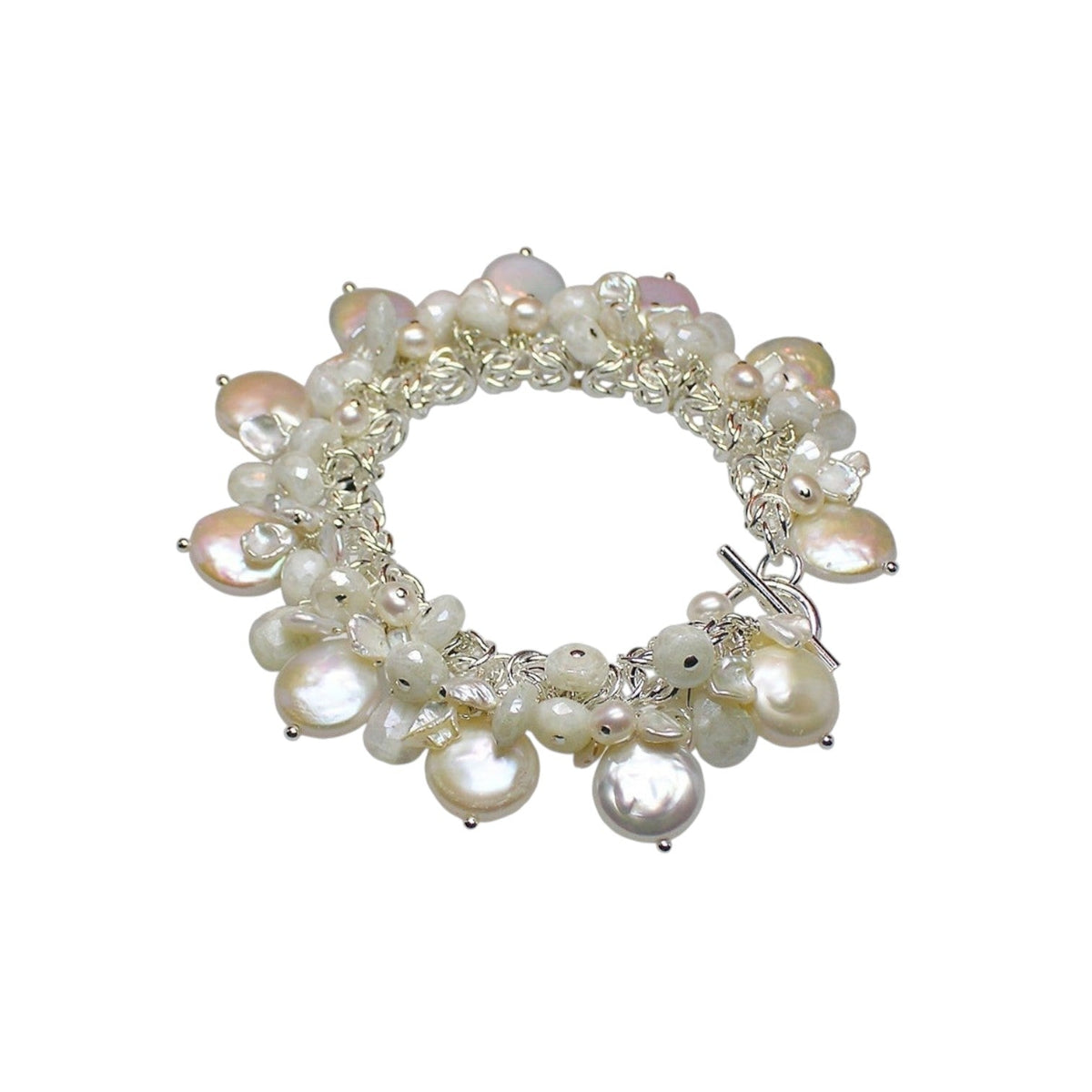 Trebor Style sterling silver charm bracelet featuring white coin pearls, keshi pearls, and sparkling white sapphires.