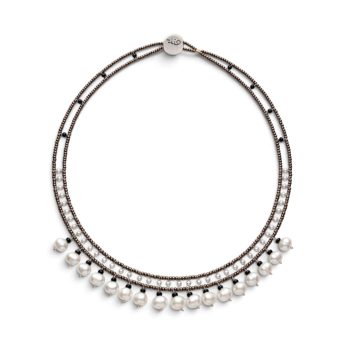 Trebor Style handmade necklace featuring white water pearls, black tourmaline, and Murano glass beads on steel wire.
