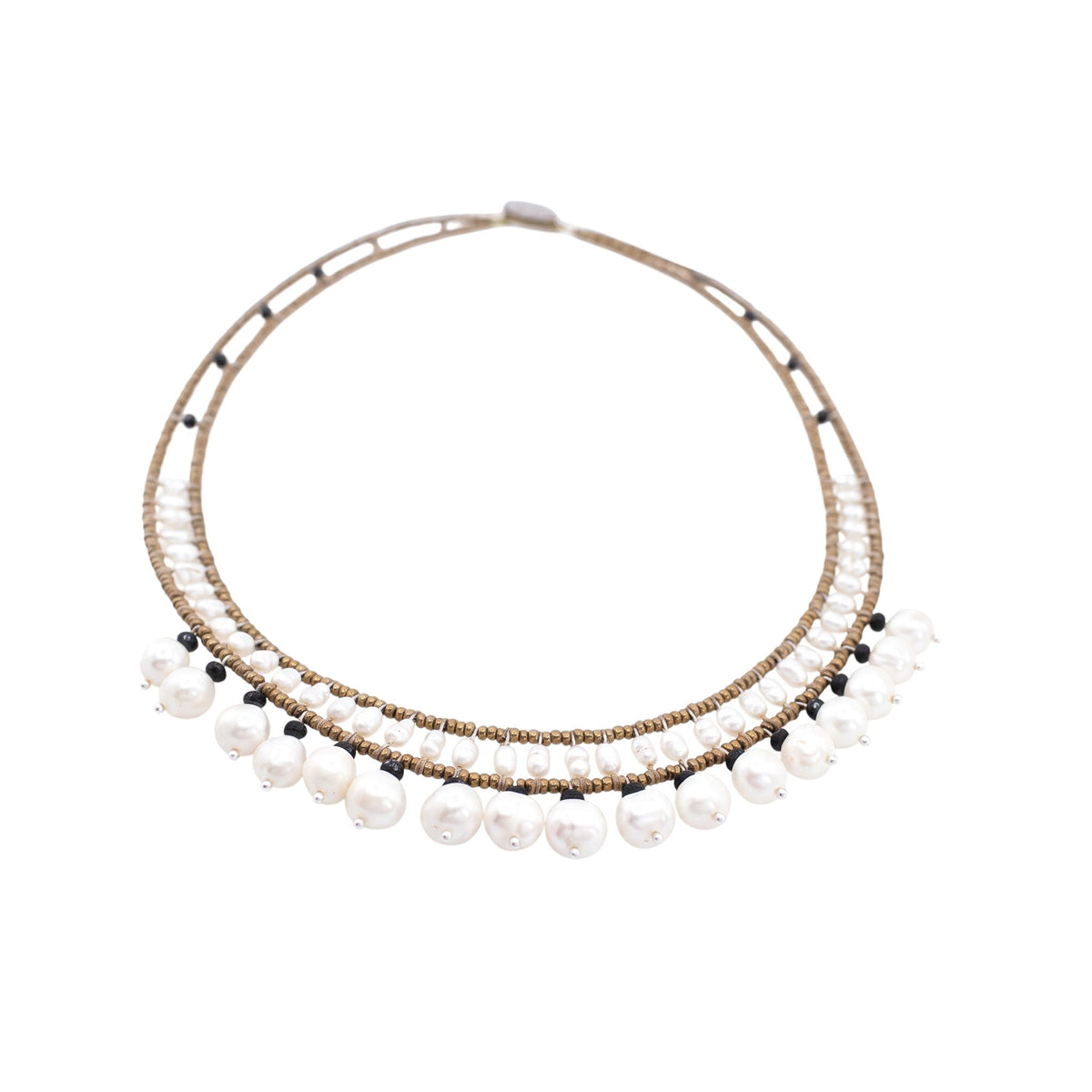 Trebor Style handmade necklace featuring white water pearls, black tourmaline, and Murano glass beads on steel wire.