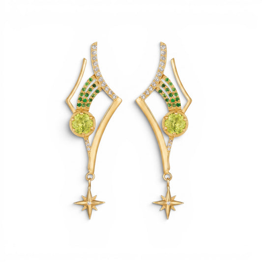 Trebor Style Martha Seely 14k yellow gold Antares earrings with peridot, diamonds, and tsavorite garnet star accents.