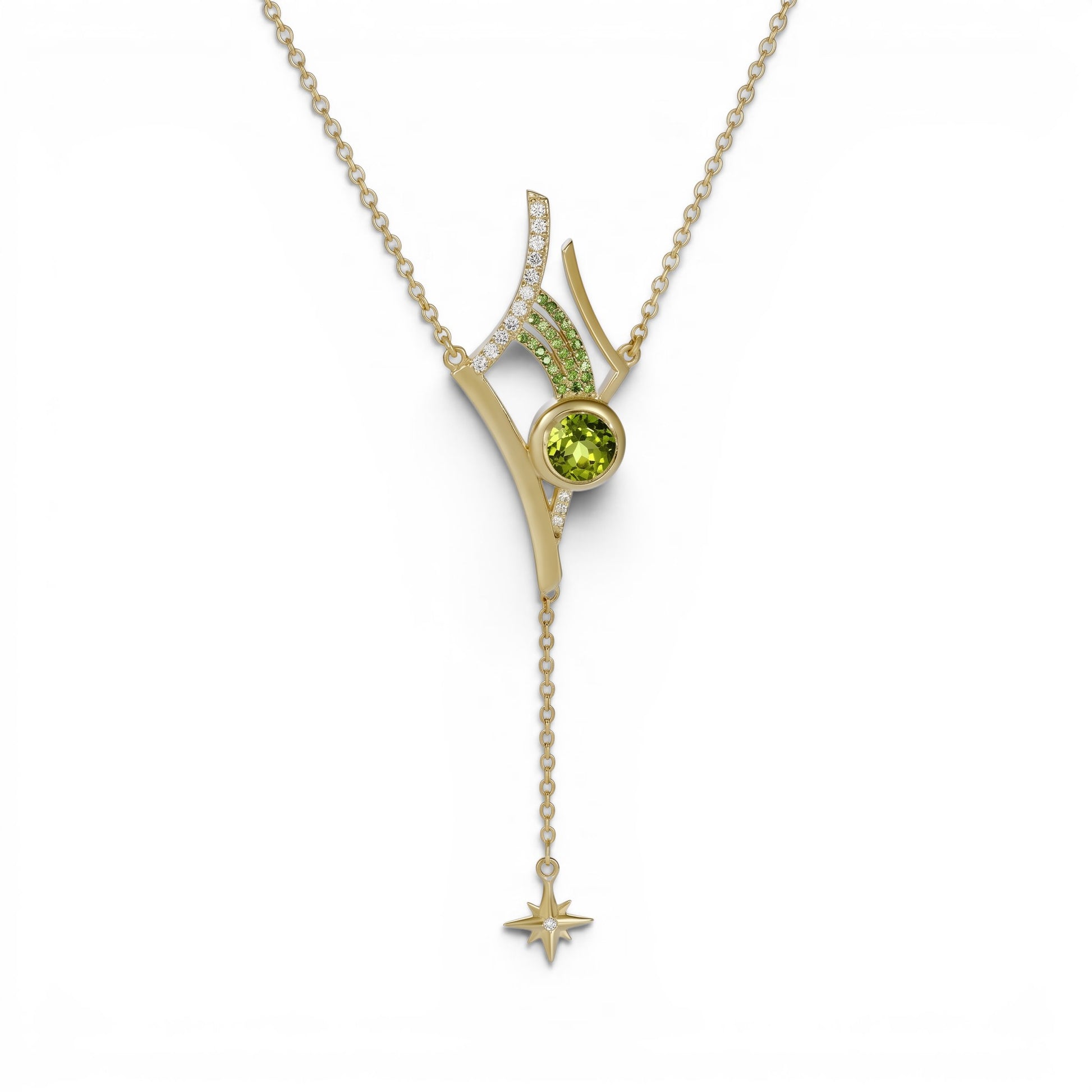 Trebor Style Antares necklace featuring a green peridot, tsavorite garnets, and diamonds on a gold star drop pendant.