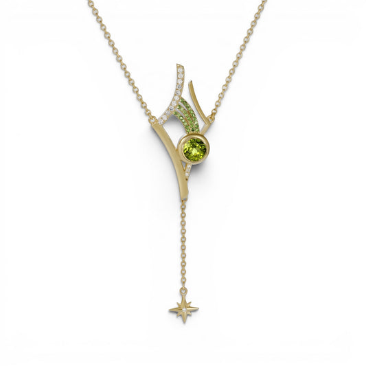 Trebor Style Antares necklace featuring a green peridot, tsavorite garnets, and diamonds on a gold star drop pendant.