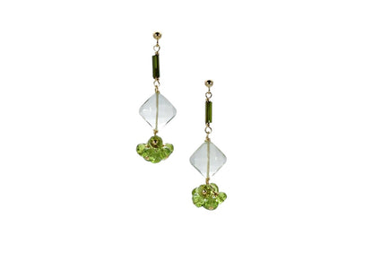 Trebor Style drop earrings featuring green tourmaline, diamond-cut praisiolite, and peridot clusters in gold-filled.