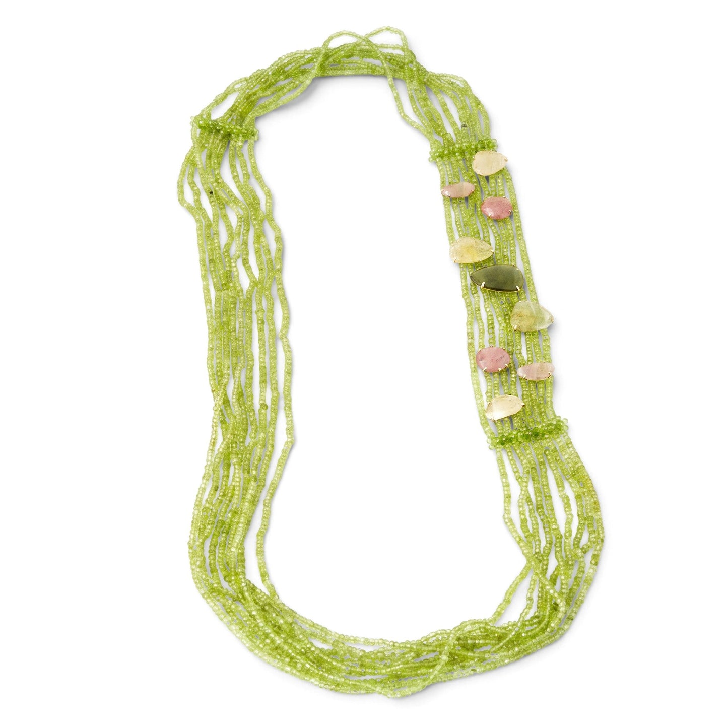 Trebor Style multi-strand green peridot necklace featuring pink and yellow sapphire accents in 18K yellow gold.