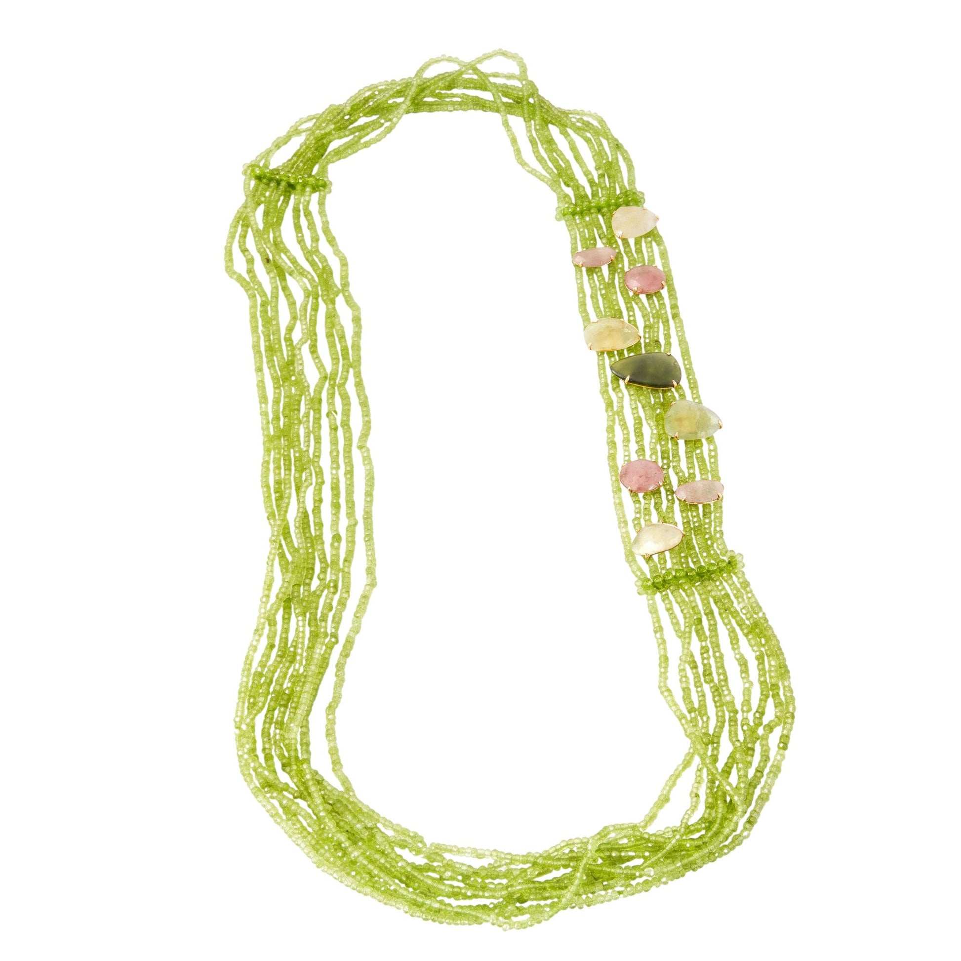 Trebor Style long multi-strand peridot necklace with pink and yellow sapphire accents in 18k yellow gold
