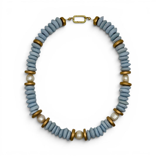 Trebor Style Lagos collar necklace featuring periwinkle African glass beads, baroque pearls, and 18k gold filled accents.