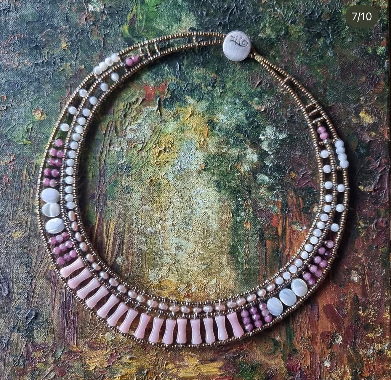 Trebor Style multi-strand statement necklace featuring pink opal, shell, and glass beads with a button clasp.
