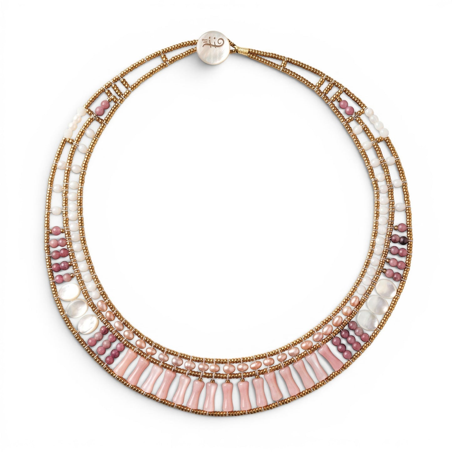Trebor Style multi-strand statement necklace featuring pink opal, shell, and glass beads with a button clasp.