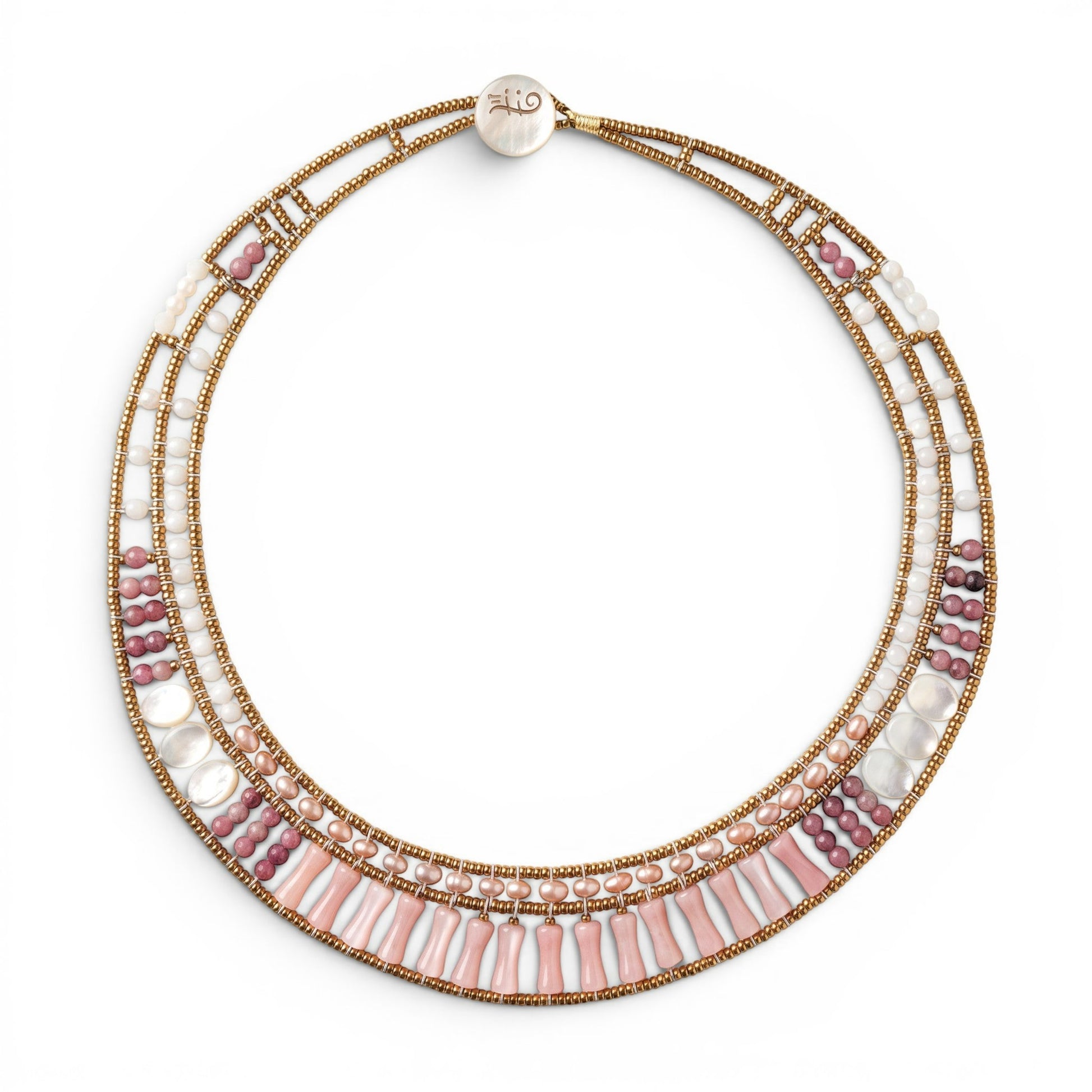Trebor Style multi-strand statement necklace featuring pink opal, shell, and glass beads with a button clasp.