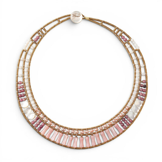 Trebor Style multi-strand statement necklace featuring pink opal, shell, and glass beads with a button clasp.