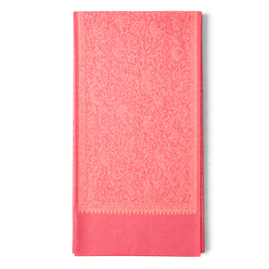 Trebor Style pink opal wool shawl featuring intricate cream and peach paisley embroidery in a fine artisan weave.