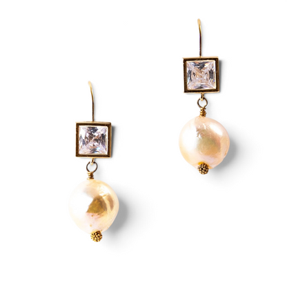 Trebor Style pink Edison pearl drop earrings with square bezel-set Swarovski crystals in 14k yellow gold on hooks.