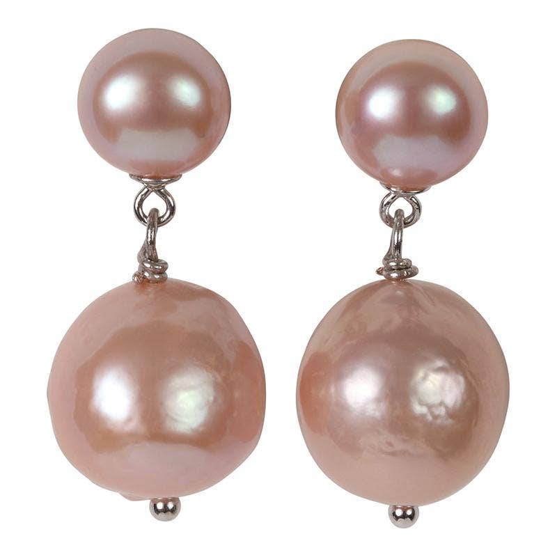 Trebor Style The Kate double-drop earrings featuring high-luster pink pearls on silver-plated sterling silver posts.