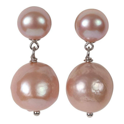 Trebor Style The Kate double-drop earrings featuring high-luster pink pearls on silver-plated sterling silver posts.