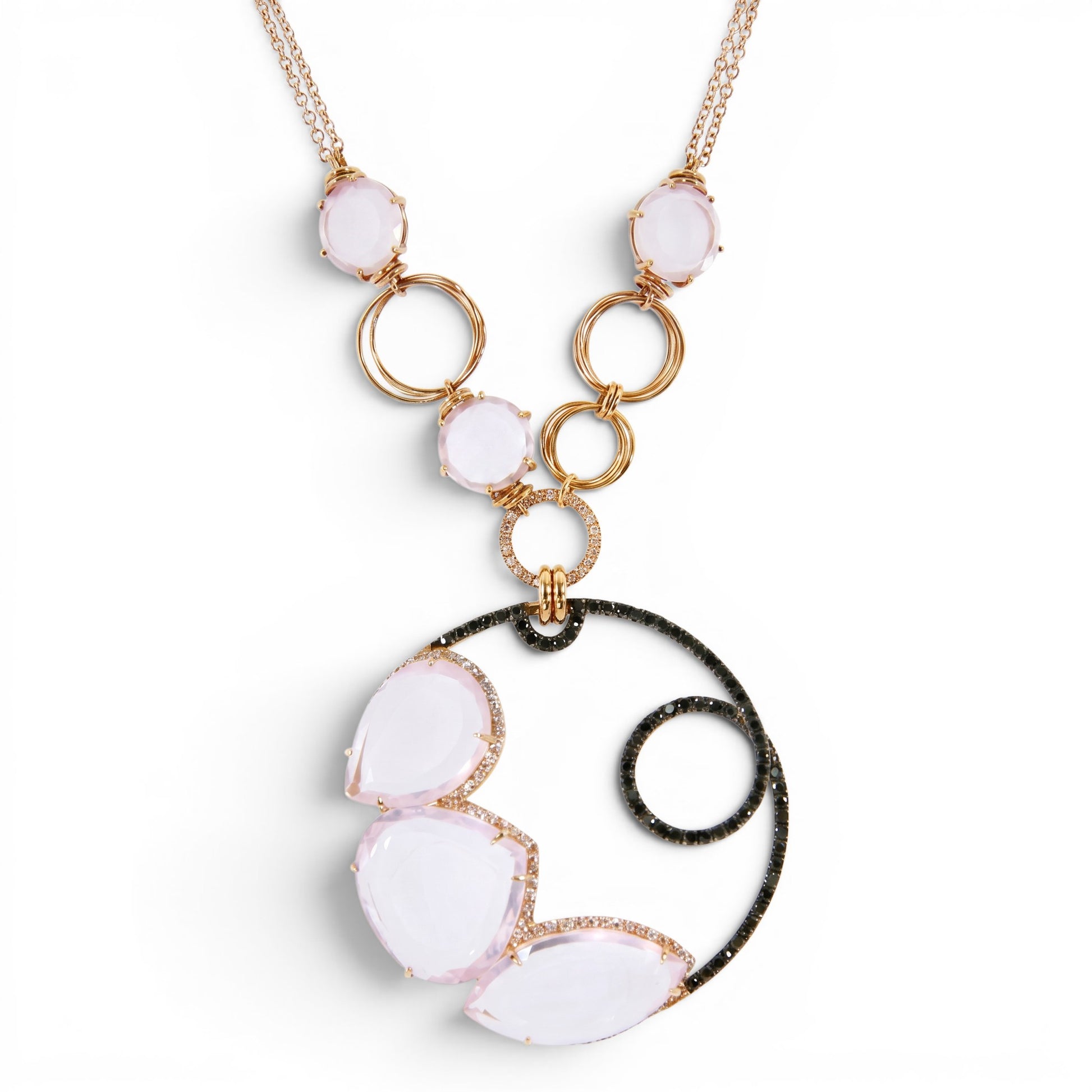 Trebor Style 18K gold pendant necklace featuring cushion-cut pink quartz, white diamonds, and black diamond accents.