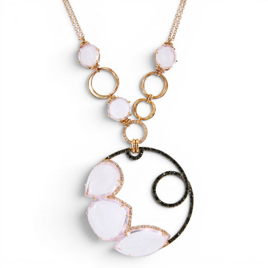 Trebor Style 18K gold pendant necklace featuring cushion-cut pink quartz, white diamonds, and black diamond accents.