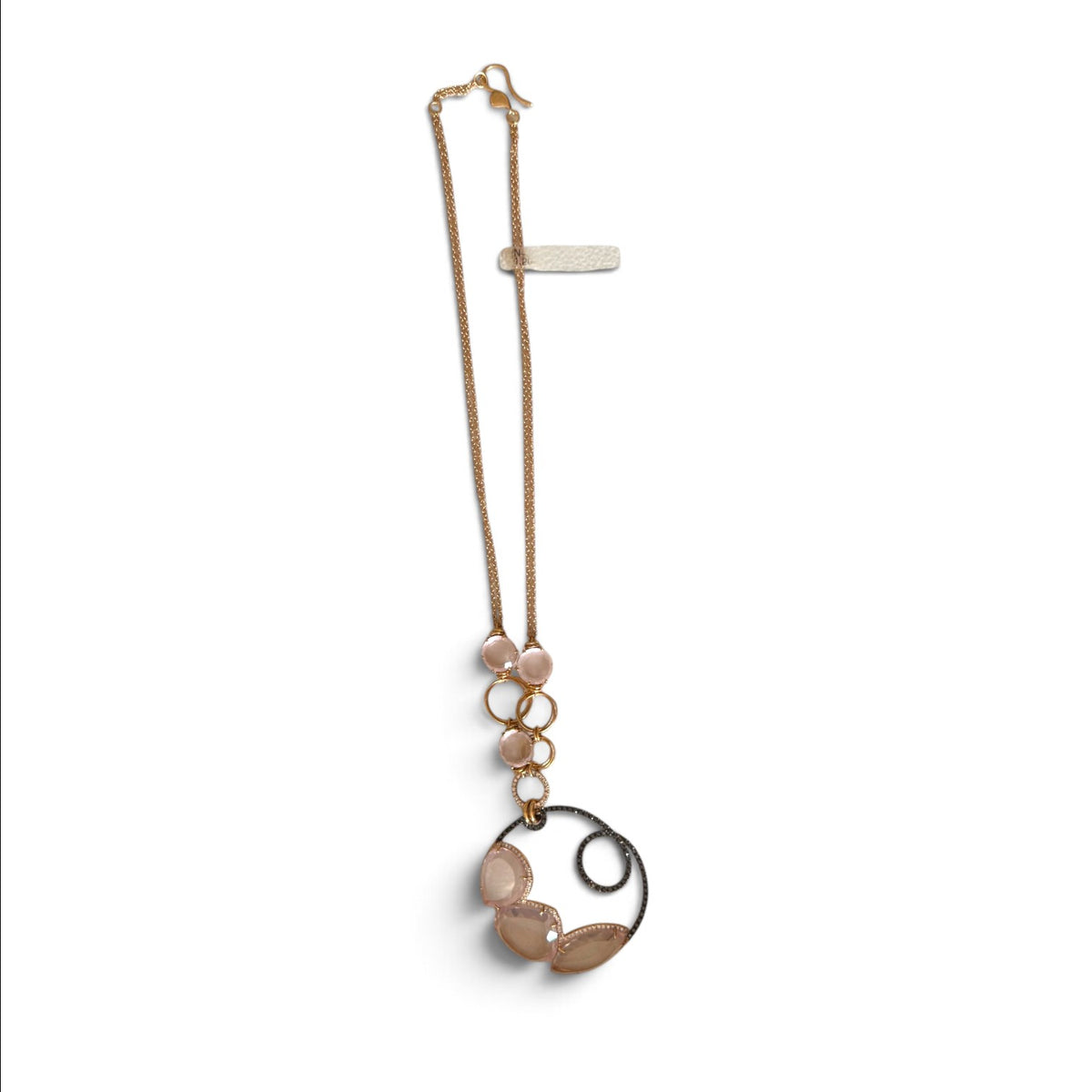 Trebor Style designer 18K gold pendant necklace featuring pink quartz, white diamonds, and black diamond accents.