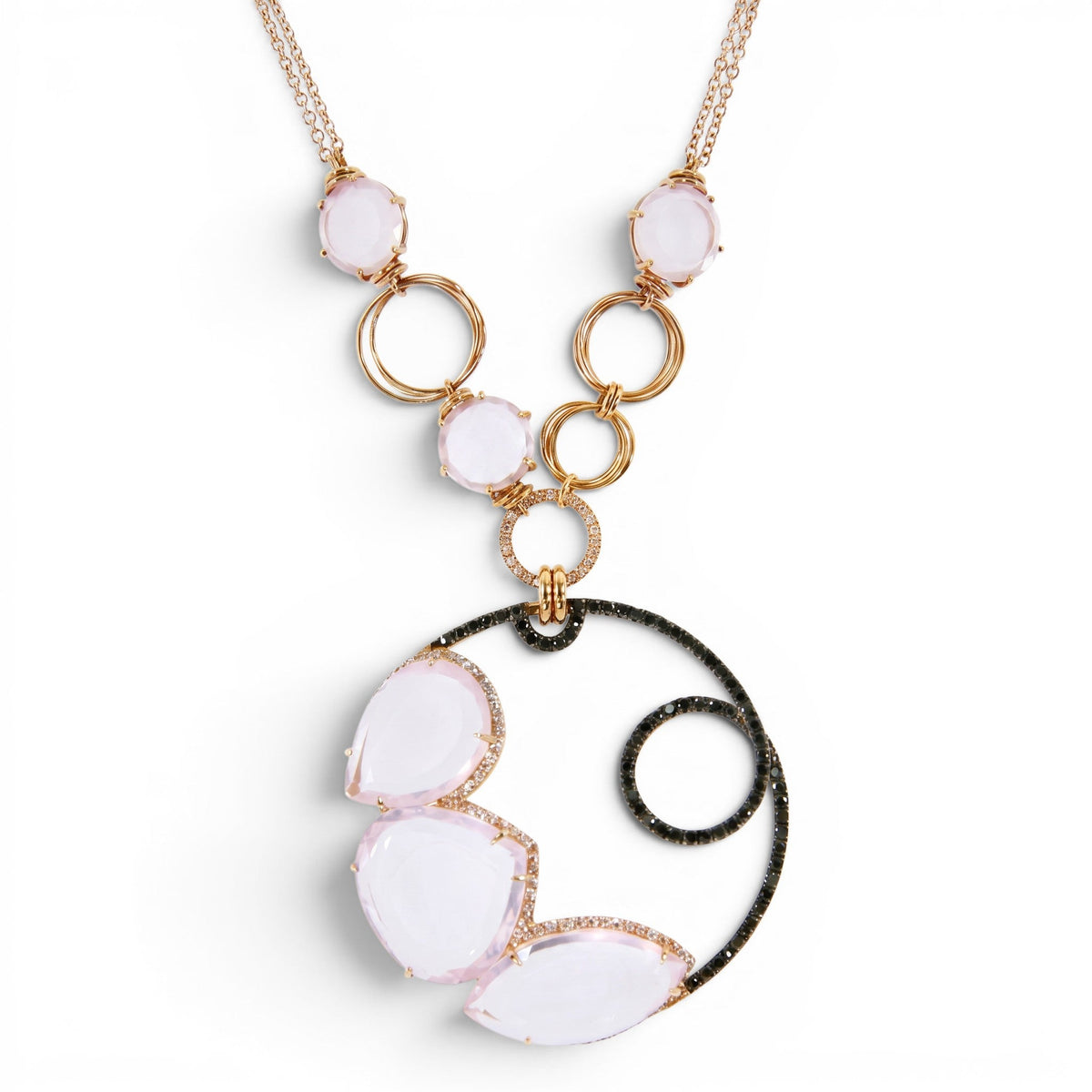 Trebor Style 18K gold pendant necklace featuring cushion-cut pink quartz, white diamonds, and black diamond accents.