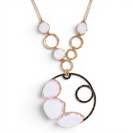 Trebor Style 18K gold pendant necklace featuring cushion-cut pink quartz, white diamonds, and black diamond accents.