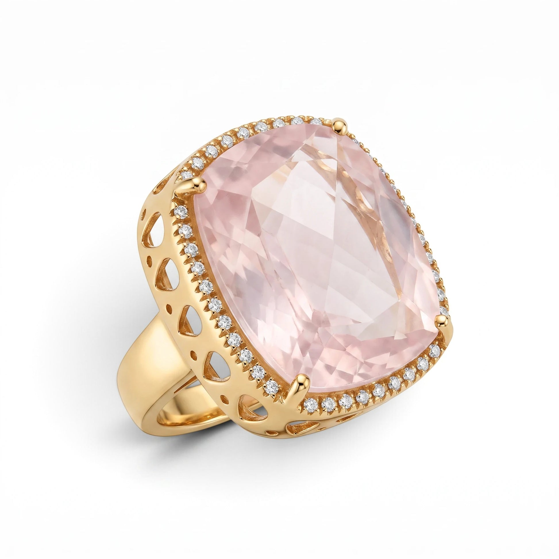 Trebor Style cushion-cut pink quartz cocktail ring in 18k rose gold with diamond accents and openwork gallery