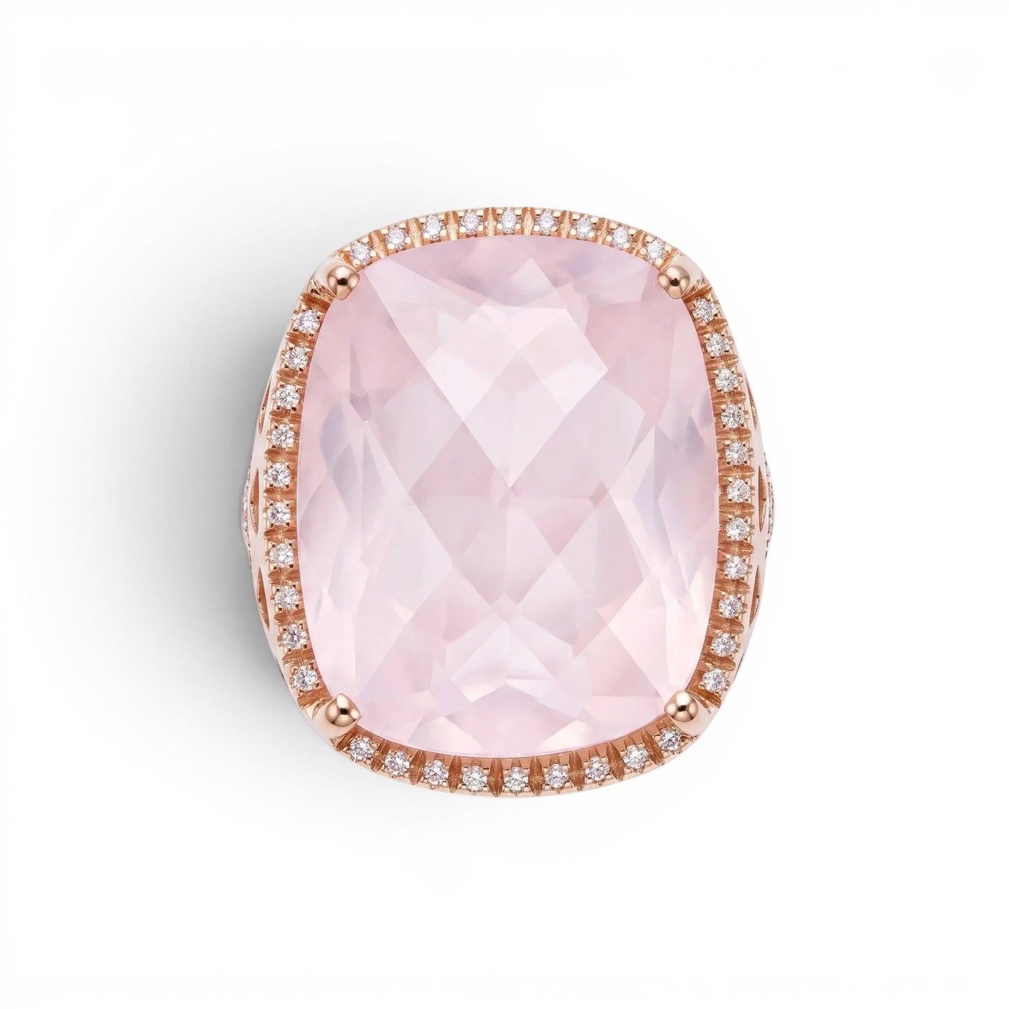 Trebor Style cushion-cut pink quartz cocktail ring in 18k rose gold with a diamond halo setting.