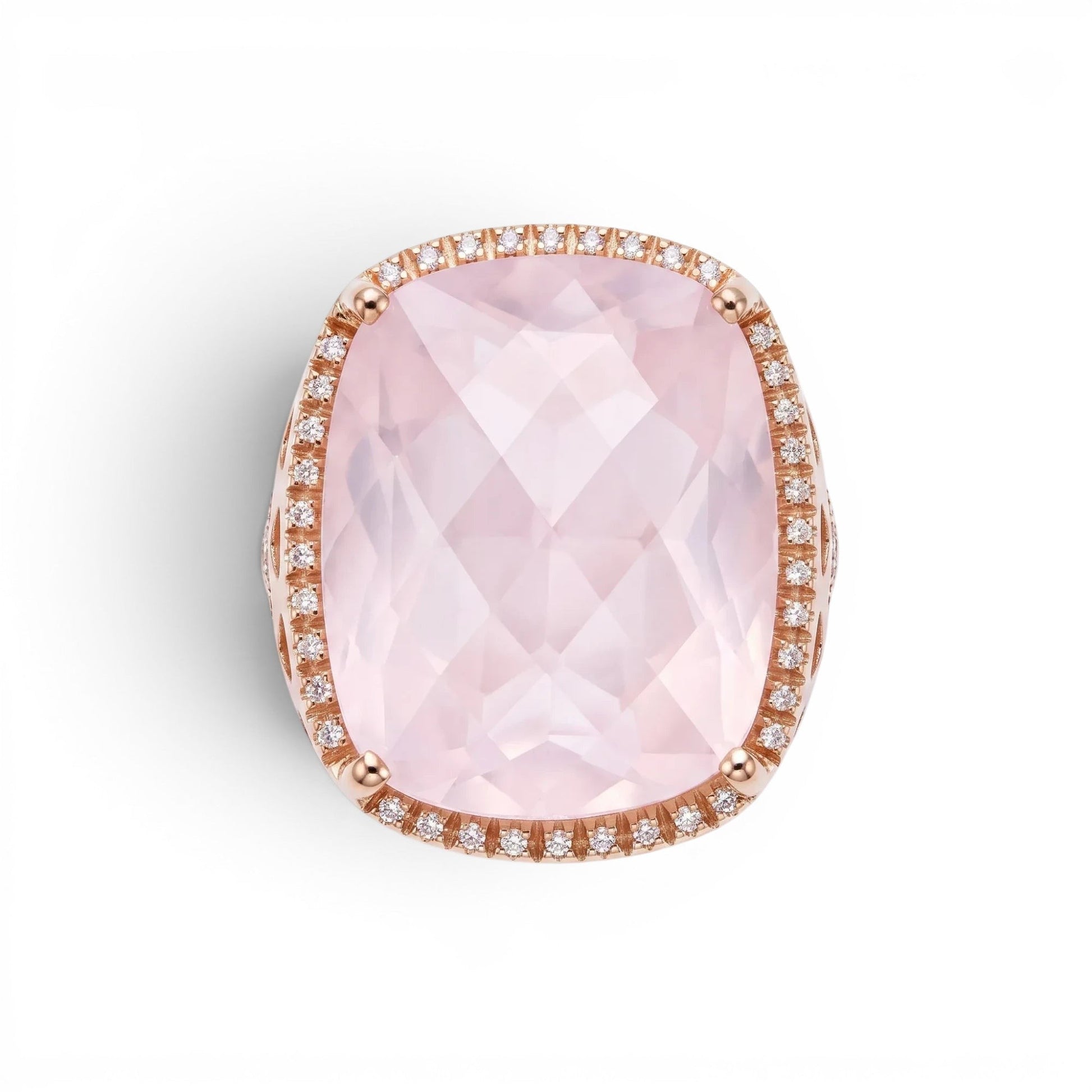 Trebor Style cushion-cut pink quartz cocktail ring in 18k rose gold with a diamond halo setting.