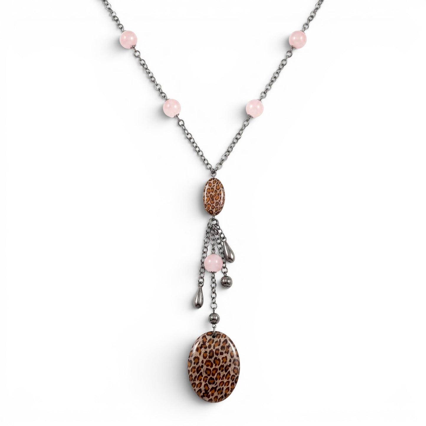 Trebor Style Y-necklace featuring pink quartz beads, animal print enamel charms, and dark rhodium plated silver chain.