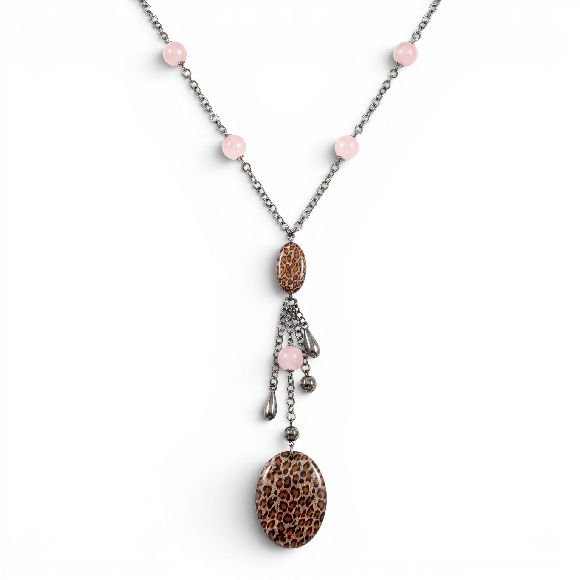 Trebor Style Y-necklace featuring pink quartz beads, animal print enamel charms, and dark rhodium plated silver chain.