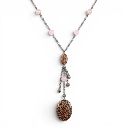 Trebor Style Y-necklace featuring pink quartz beads, animal print enamel charms, and dark rhodium plated silver chain.