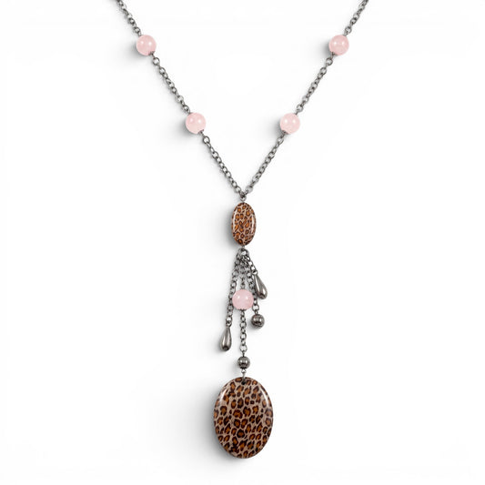 Trebor Style Y-necklace featuring pink quartz beads, animal print enamel charms, and dark rhodium plated silver chain.
