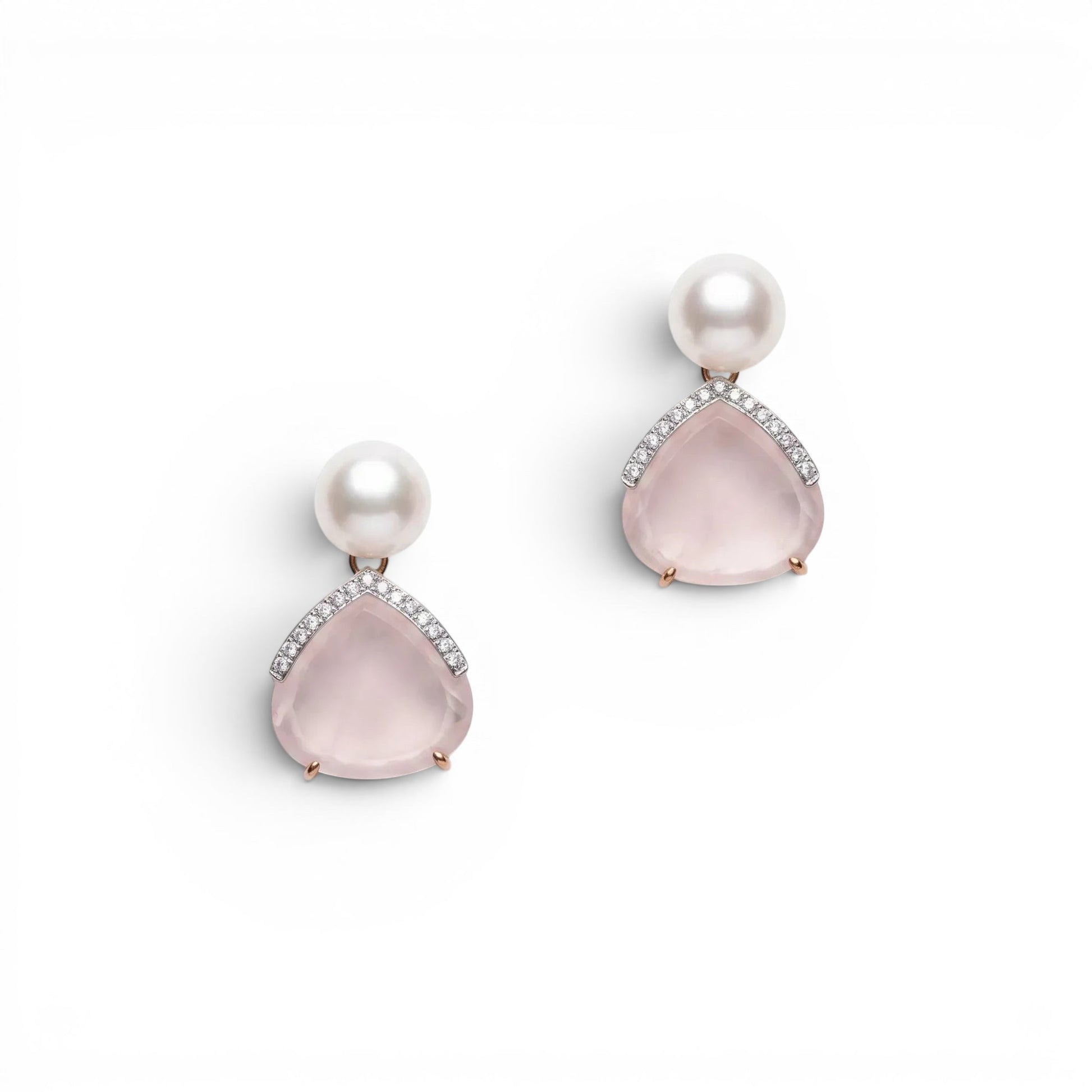 Trebor Style pink quartz and white pearl drop earrings with pavé diamond accents set in a delicate teardrop design.