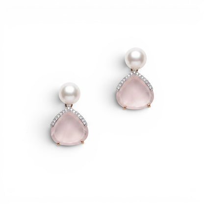 Trebor Style pink quartz and white pearl drop earrings with pavé diamond accents set in a delicate teardrop design.
