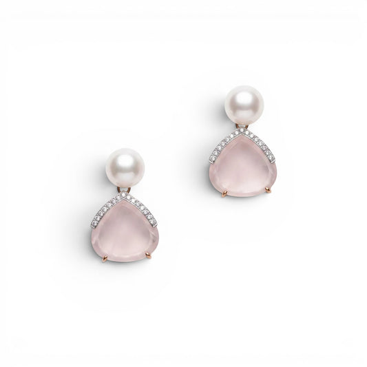 Trebor Style pink quartz and white pearl drop earrings with pavé diamond accents set in a delicate teardrop design.