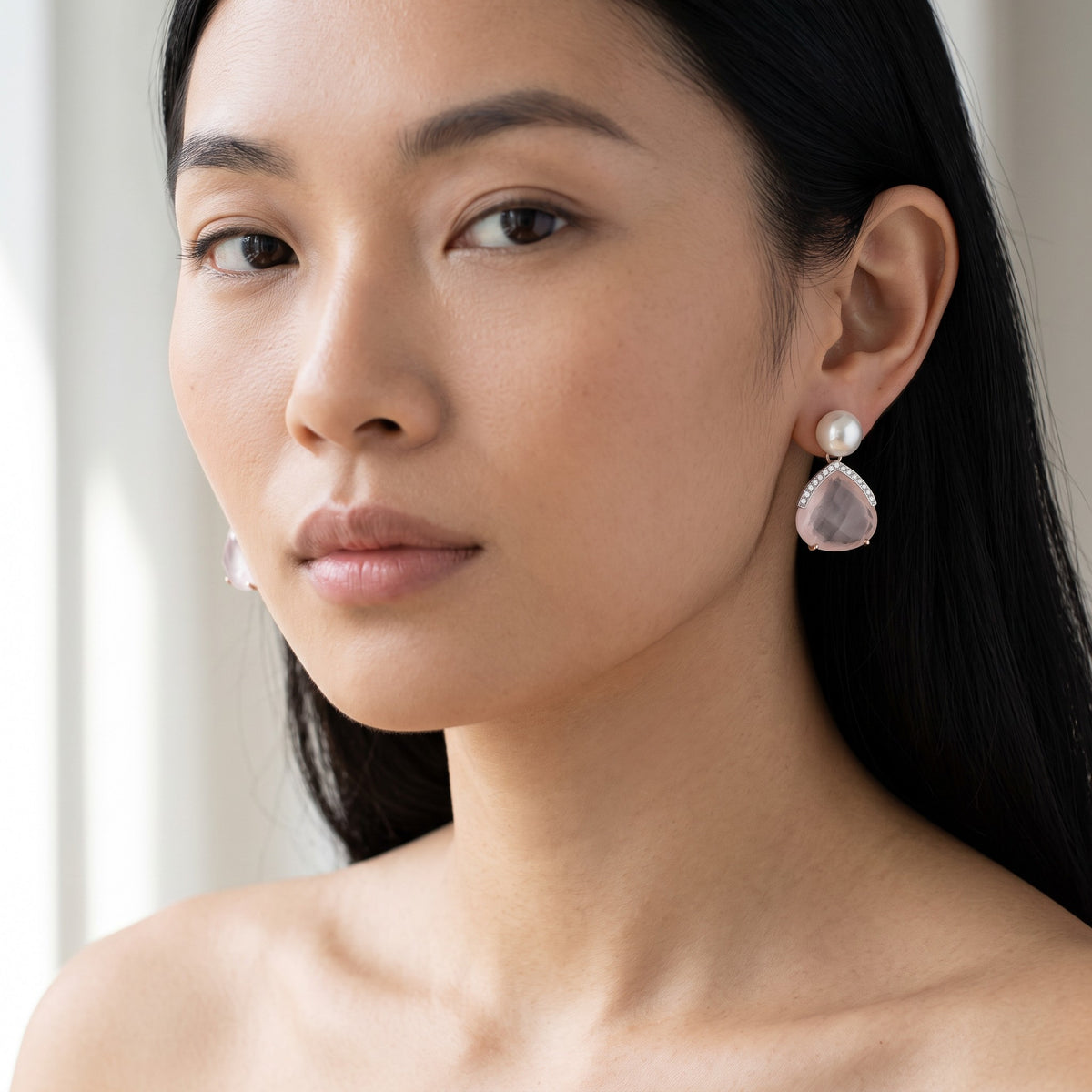 Trebor Style pink quartz and freshwater pearl drop earrings with pavé diamonds worn by a model