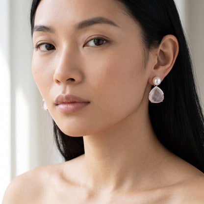 Trebor Style pink quartz and freshwater pearl drop earrings with pavé diamonds worn by a model