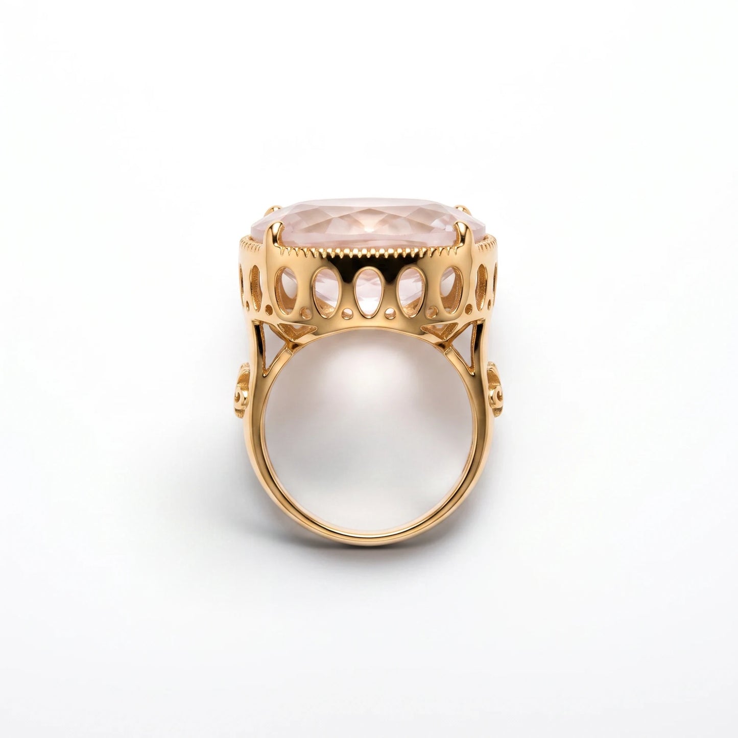 Trebor Style cushion-cut pink quartz cocktail ring in 18k rose gold with diamond accents and openwork gallery