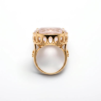 Trebor Style cushion-cut pink quartz cocktail ring in 18k rose gold with diamond accents and openwork gallery