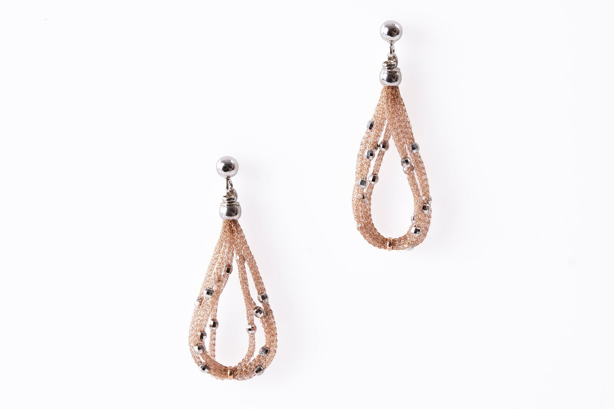 Trebor Style pink teardrop mesh earrings in 925 sterling silver with white silver bead accents and post backs.