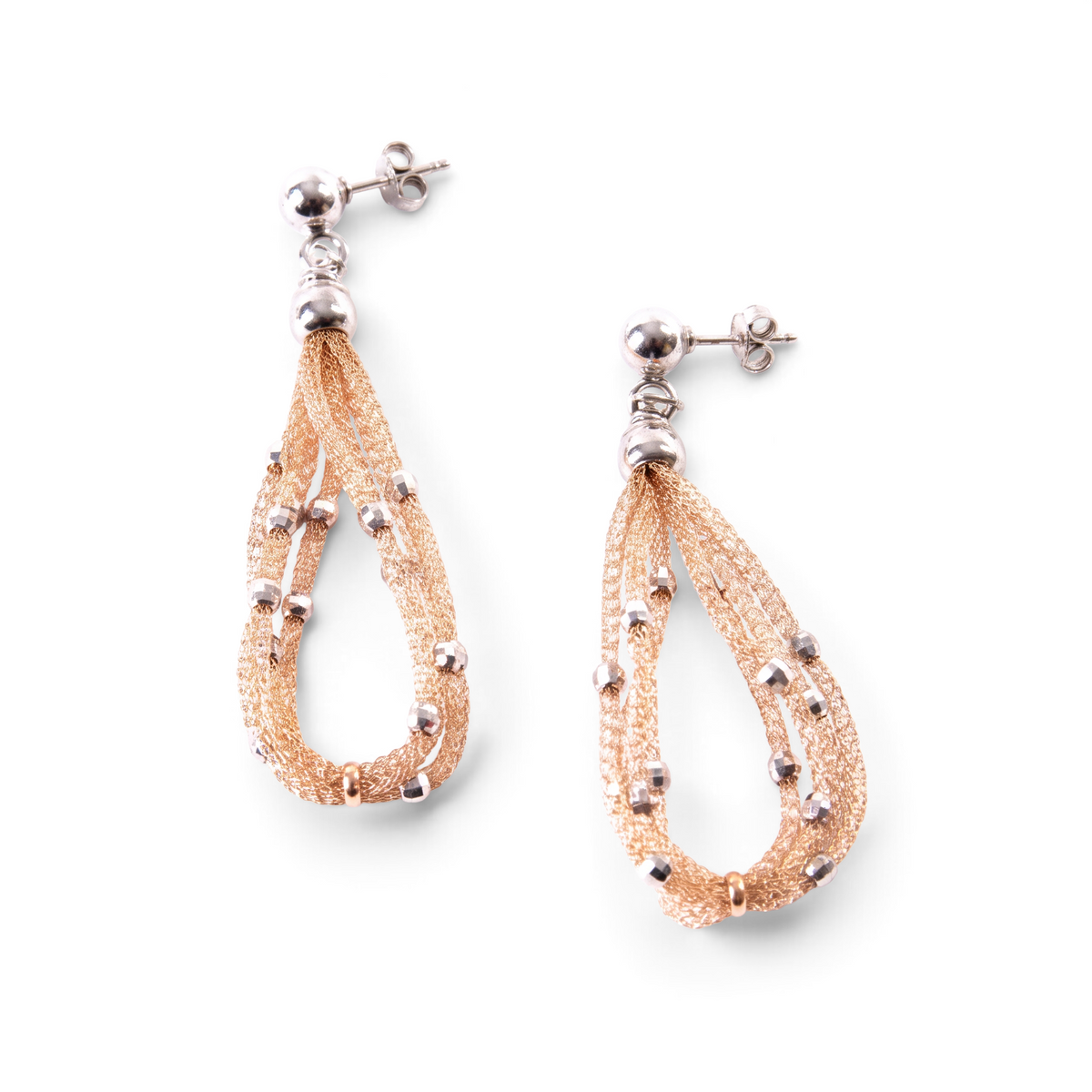 Trebor Style pink teardrop mesh earrings in 925 sterling silver with white silver bead accents and post backs.