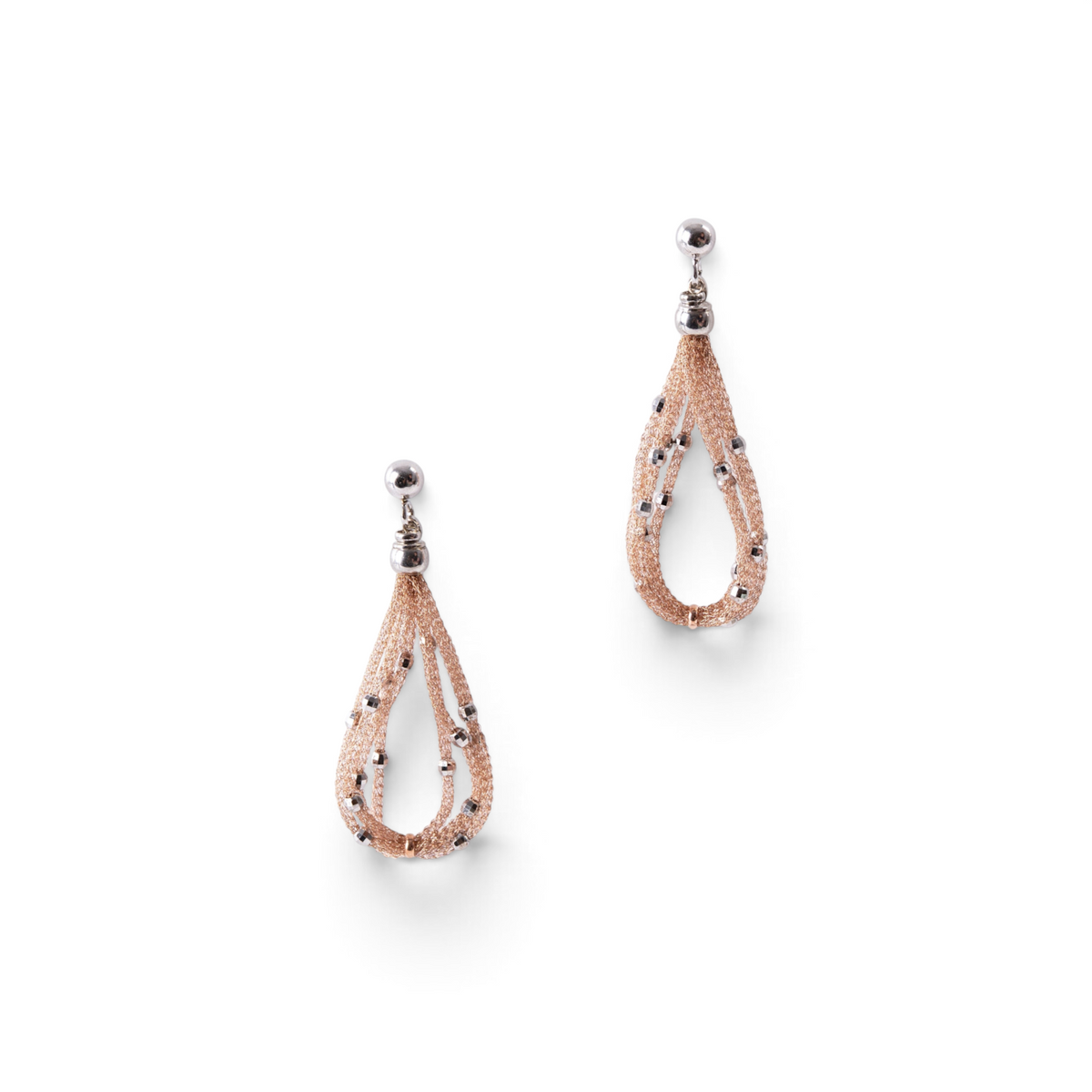 Trebor Style pink teardrop mesh earrings in 925 sterling silver with white bead accents and post back closure.