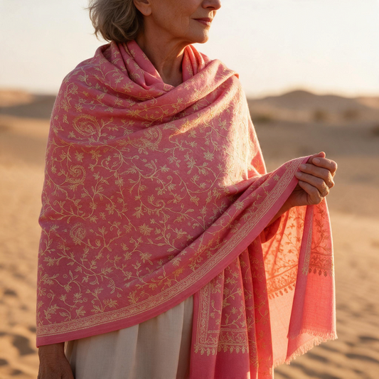 Trebor Style pink opal wool shawl with delicate cream and peach paisley embroidery draped over a woman in the desert.