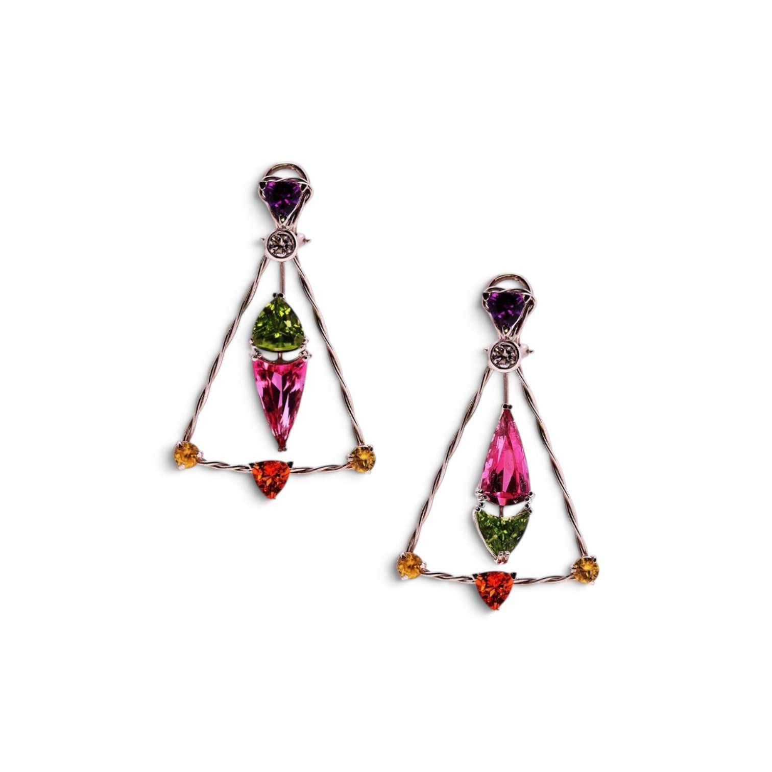 Trebor Style platinum trapeze chandelier earrings featuring rubellite, peridot, amethyst, citrine, and diamond accents.