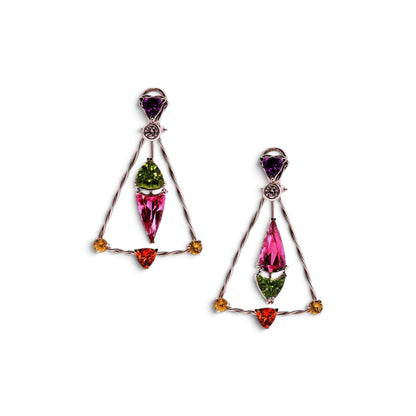 Trebor Style platinum trapeze chandelier earrings featuring rubellite, peridot, amethyst, citrine, and diamond accents.
